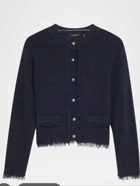 New!Kobi Halperin Taza Linen Cotton Blend Textured Navy Fringe-Trim Cardigan Y2K